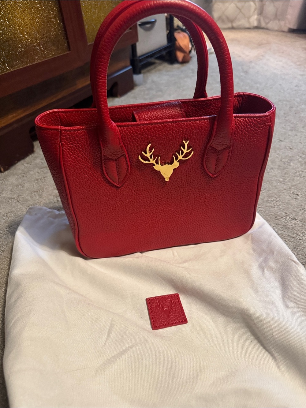 Taxidermy mini mackie Red Leather Structured Satchel with Gold Stag Accent